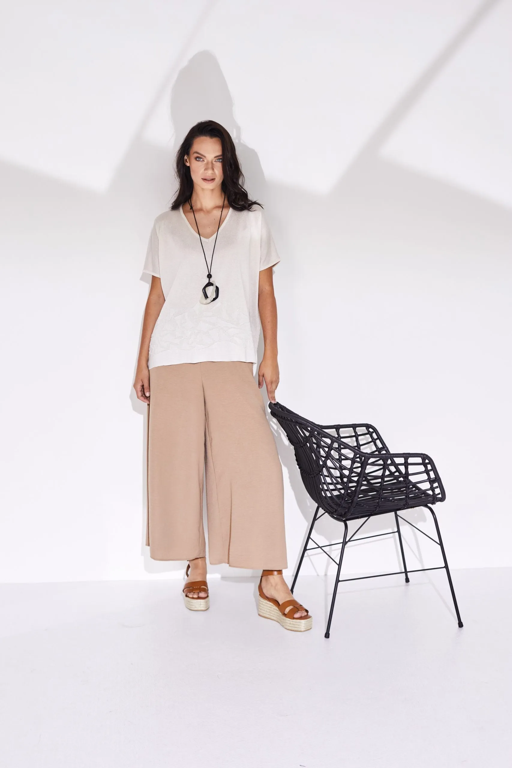 24274- Naya Wide Leg Trousers w/ Elastic Waist- Tan