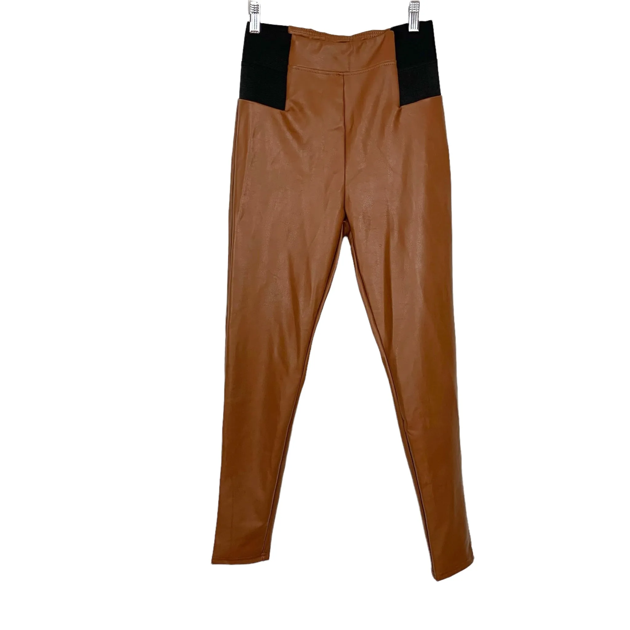 A New Day Brown Faux Leather with Black Elastic Side Waist Panel Leggings- Size S (Inseam 27)