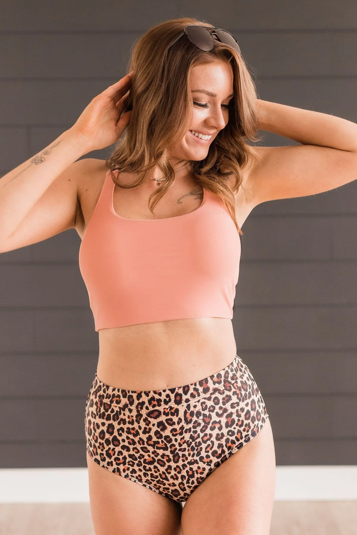 Along The Boardwalk Swim Top- Coral & Natural Leopard