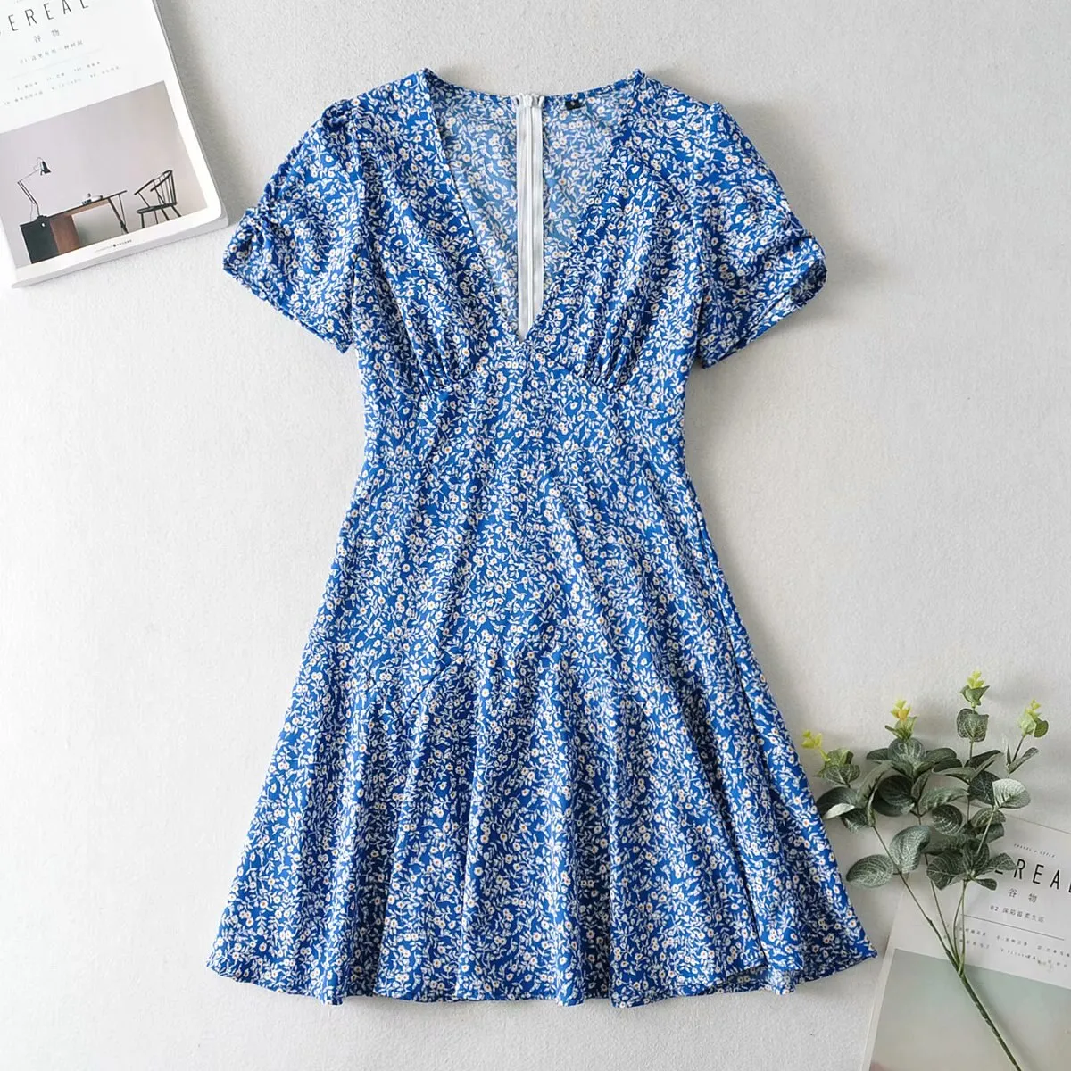 Ashore Shop Blue Floral Print Summer Beach Dress Women Casual Holiday Short Sleeve Dress Boho Sundress Vestidos Fashion Clothes