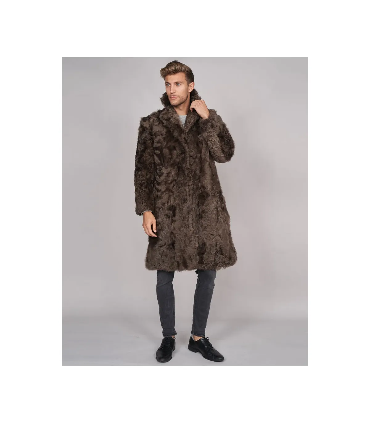 Baron Curly Shearling Overcoat in Brown: Futhatworld.com