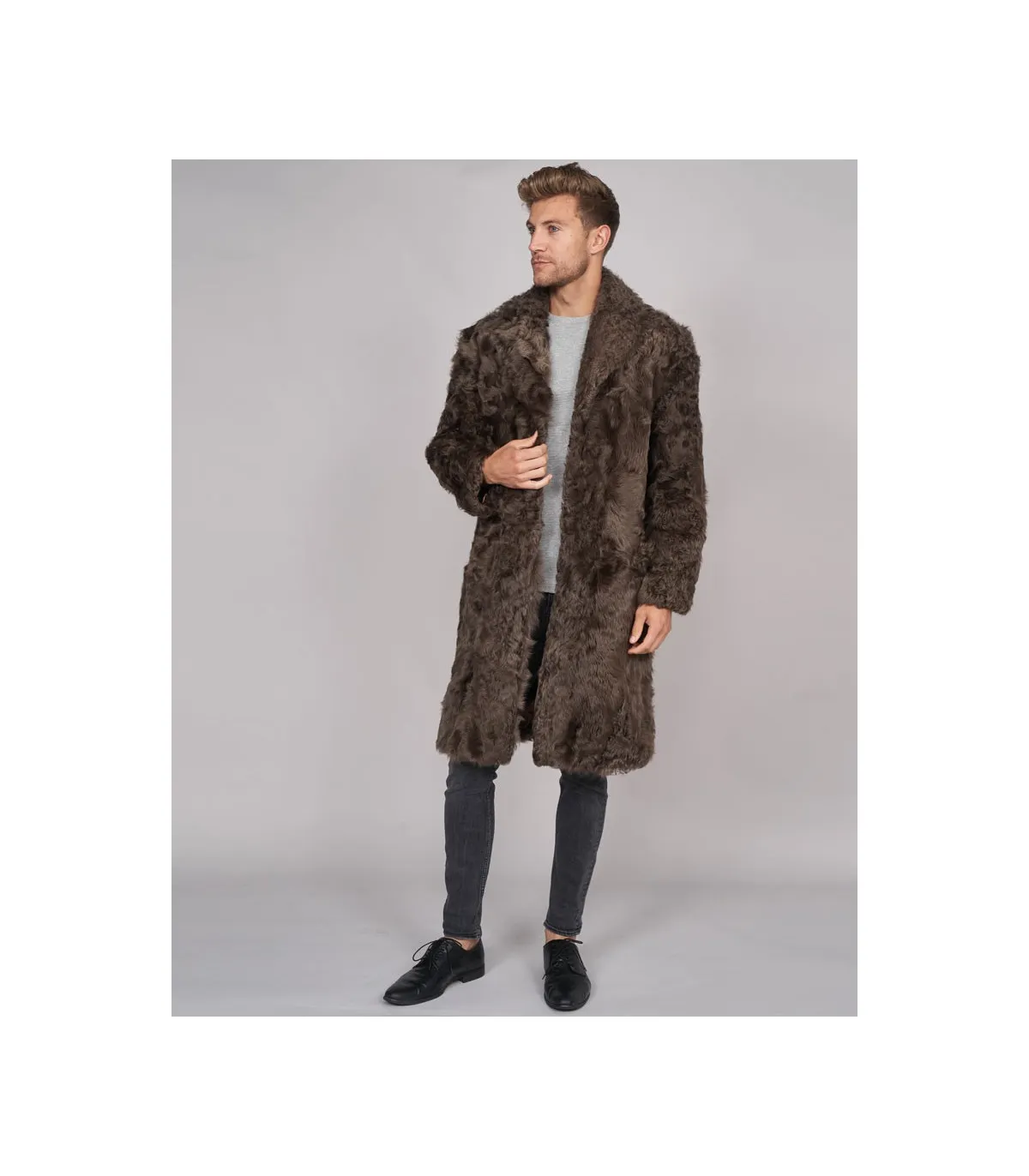 Baron Curly Shearling Overcoat in Brown: Futhatworld.com