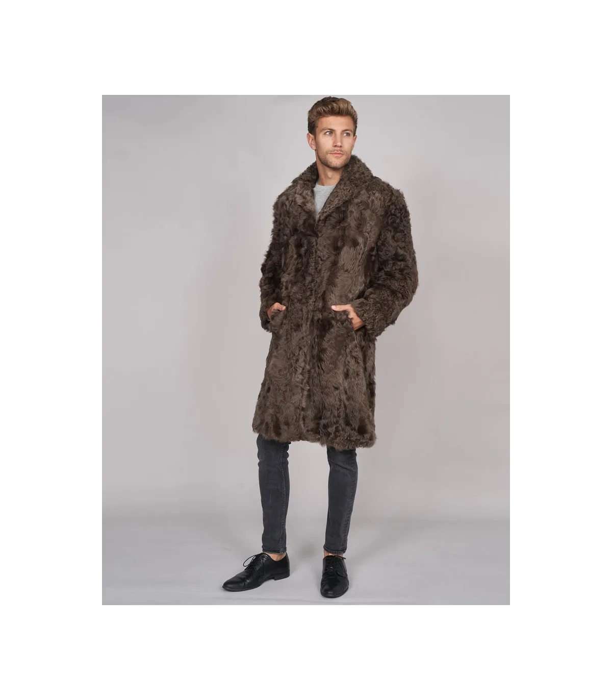 Baron Curly Shearling Overcoat in Brown: Futhatworld.com