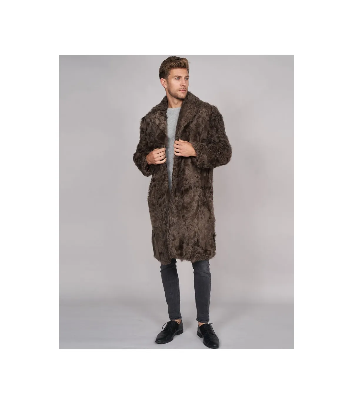 Baron Curly Shearling Overcoat in Brown: Futhatworld.com