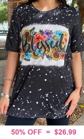 Black Bleached BLESSED Floral Graphic Tee