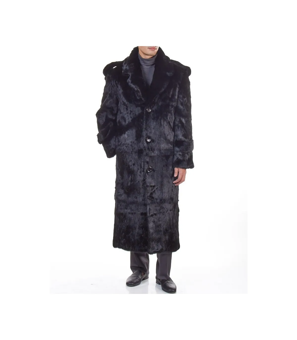 Black Rabbit Full Length Overcoat For Men: FurSource.com