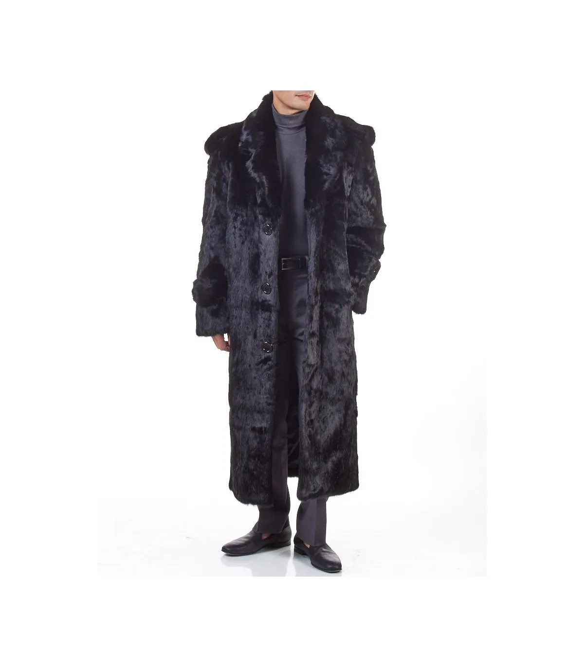 Black Rabbit Full Length Overcoat For Men: FurSource.com