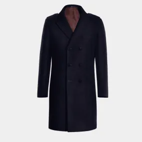 Blue Long Peak Lapel Double breasted overcoat with contrasted Buttonthreads