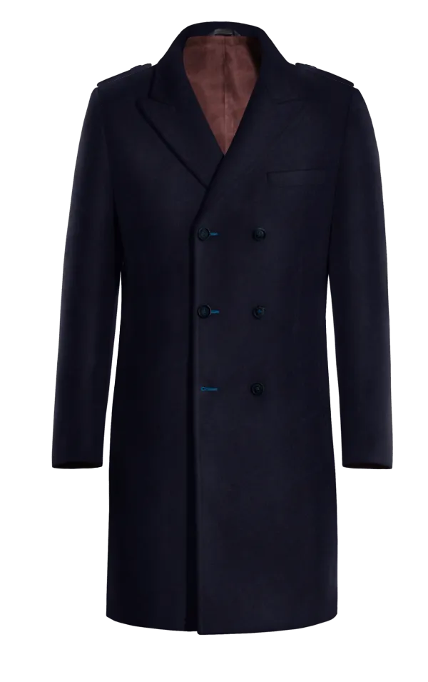 Blue Long Peak Lapel Double breasted overcoat with contrasted Buttonthreads