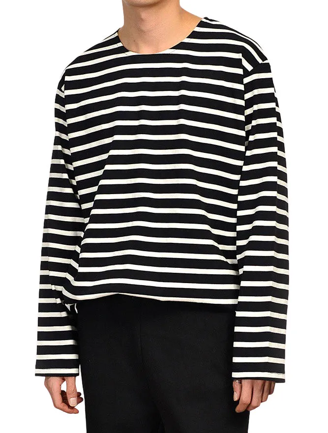 Casual Striped Long Sleeved Tshirts Mens Tees Crewneck Tops 100% Cotton Made in Korean Black Navyblue Ivory