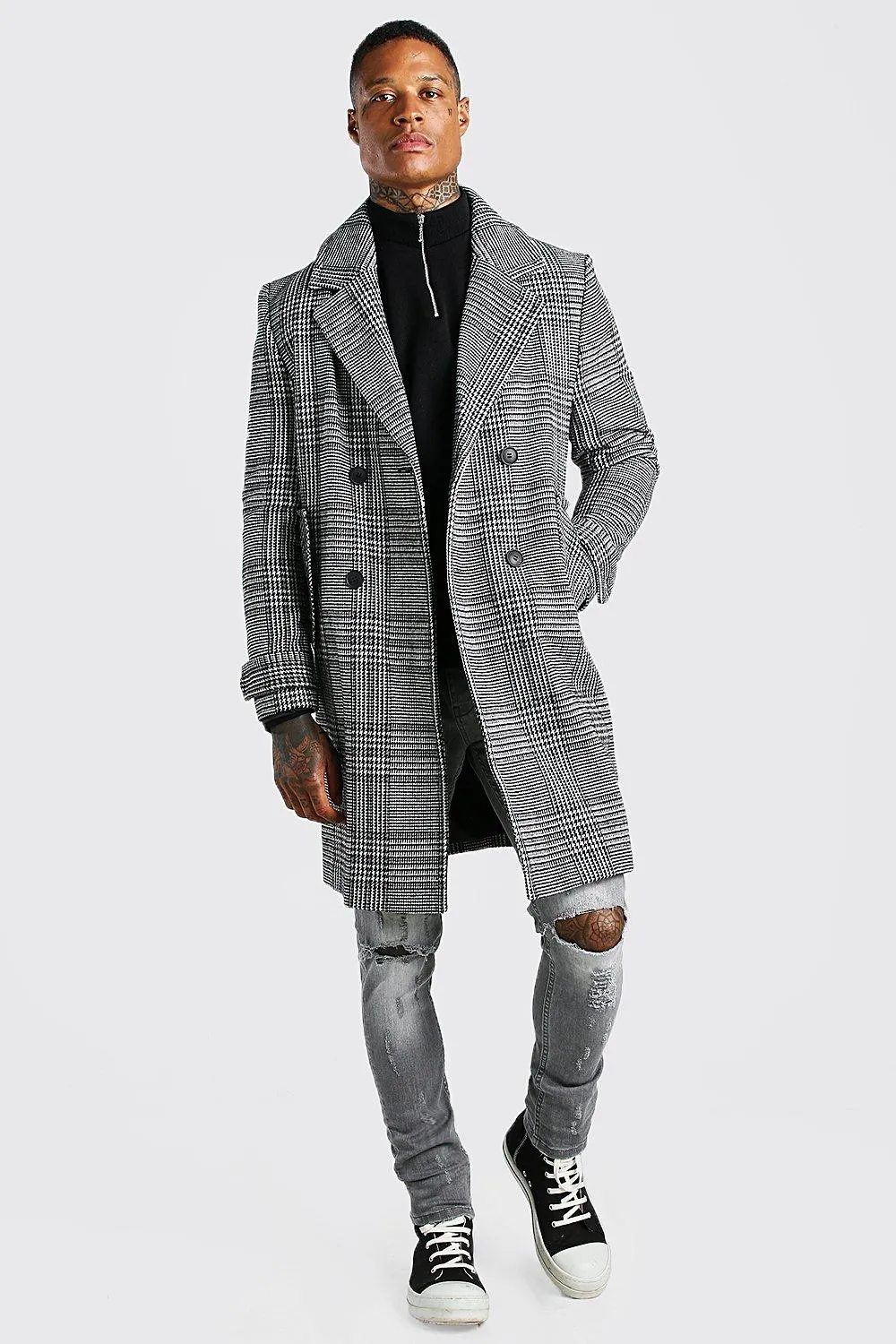 Check Double Breasted Wool Mix Overcoat | boohooMAN UK