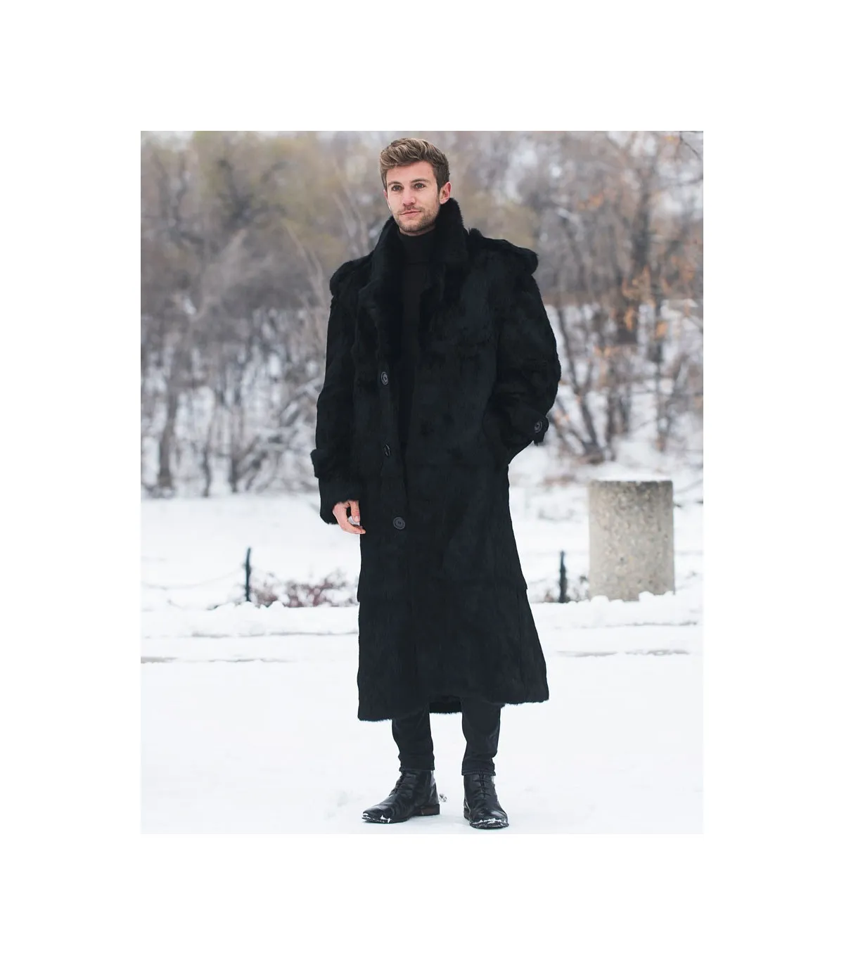 Donald Black Rabbit Full Length Overcoat For Men: FurHatWorld.com