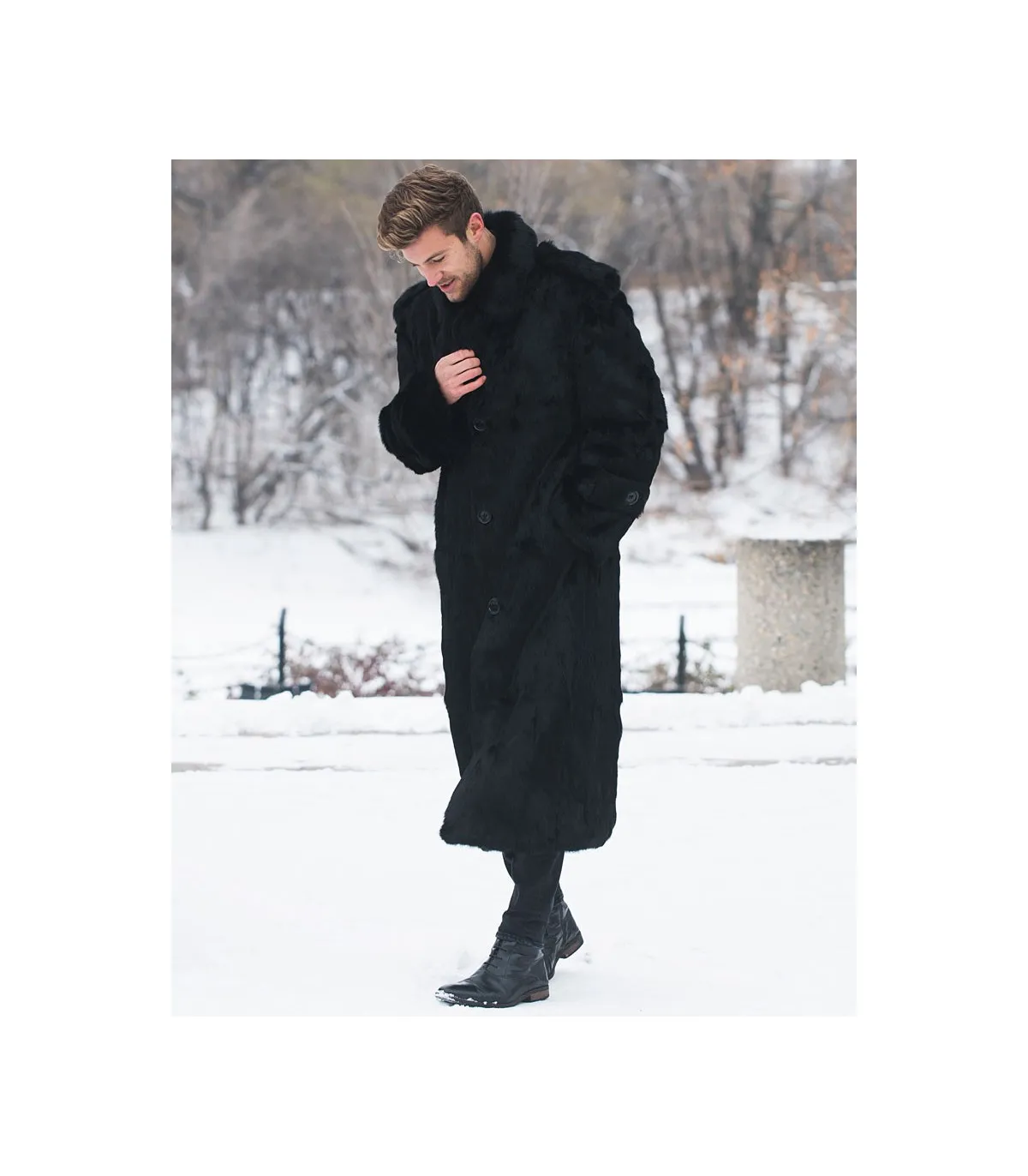 Donald Black Rabbit Full Length Overcoat For Men: FurHatWorld.com