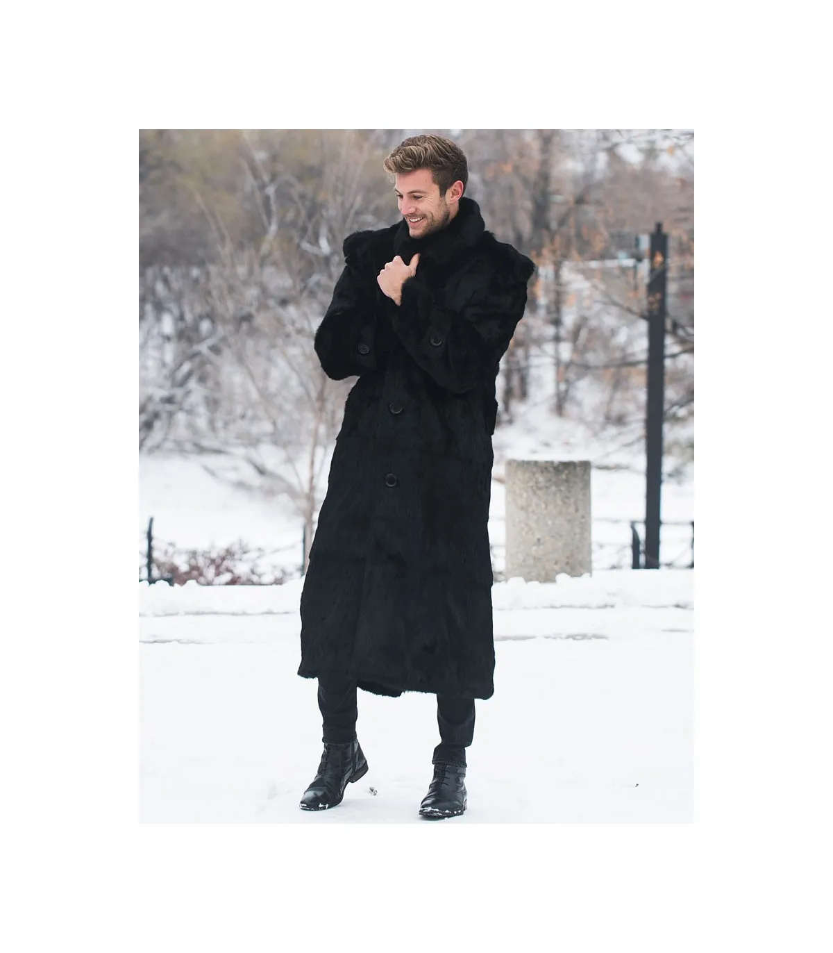 Donald Black Rabbit Full Length Overcoat For Men: FurHatWorld.com