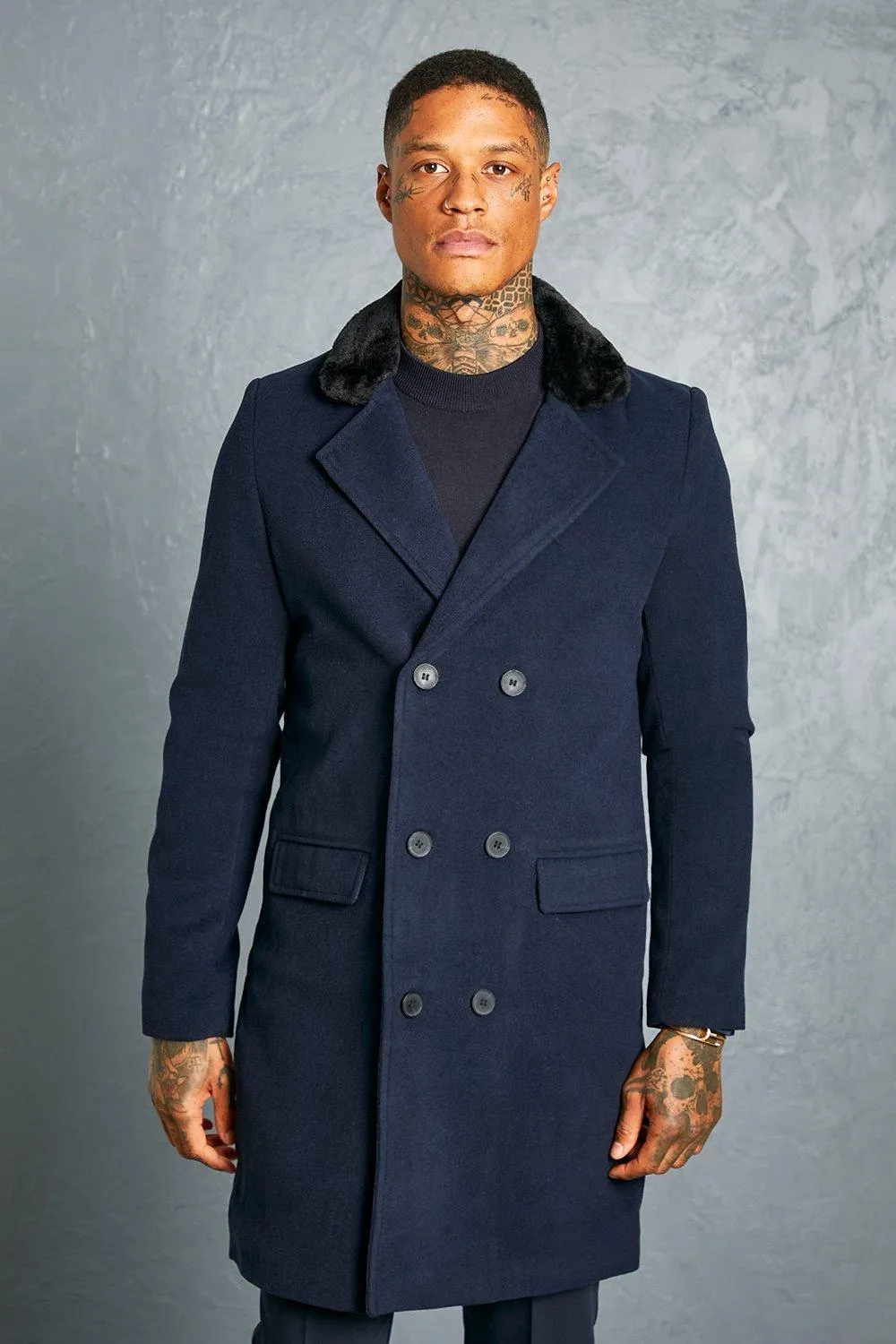 Double Breasted Faux Fur Overcoat | boohooMAN UK