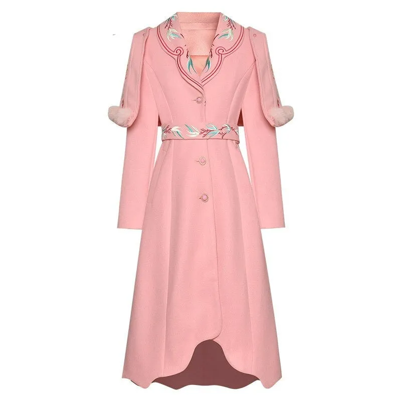 Embroidered belt Slim Elegant pink long coats Warm Overcoat