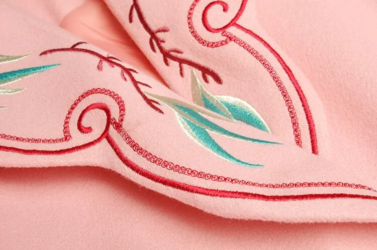 Embroidered belt Slim Elegant pink long coats Warm Overcoat