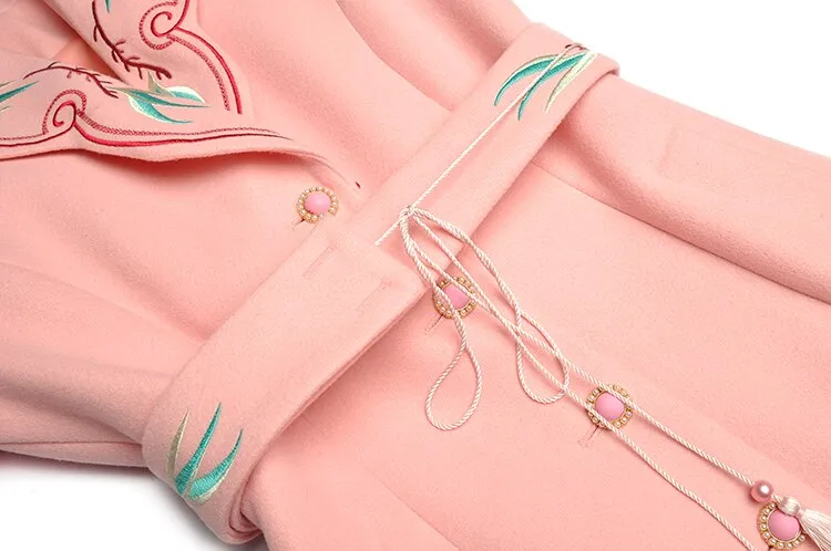 Embroidered belt Slim Elegant pink long coats Warm Overcoat