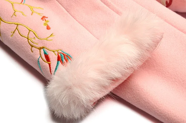 Embroidered belt Slim Elegant pink long coats Warm Overcoat