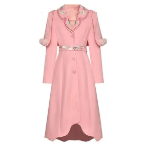 Embroidered belt Slim Elegant pink long coats Warm Overcoat