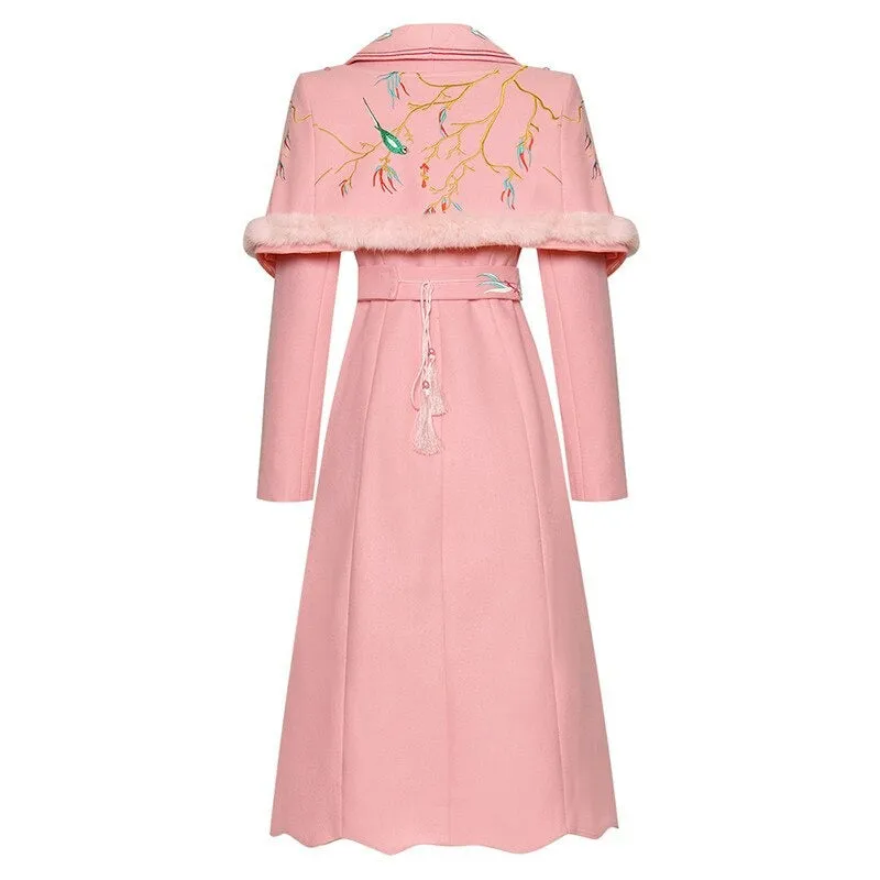 Embroidered belt Slim Elegant pink long coats Warm Overcoat