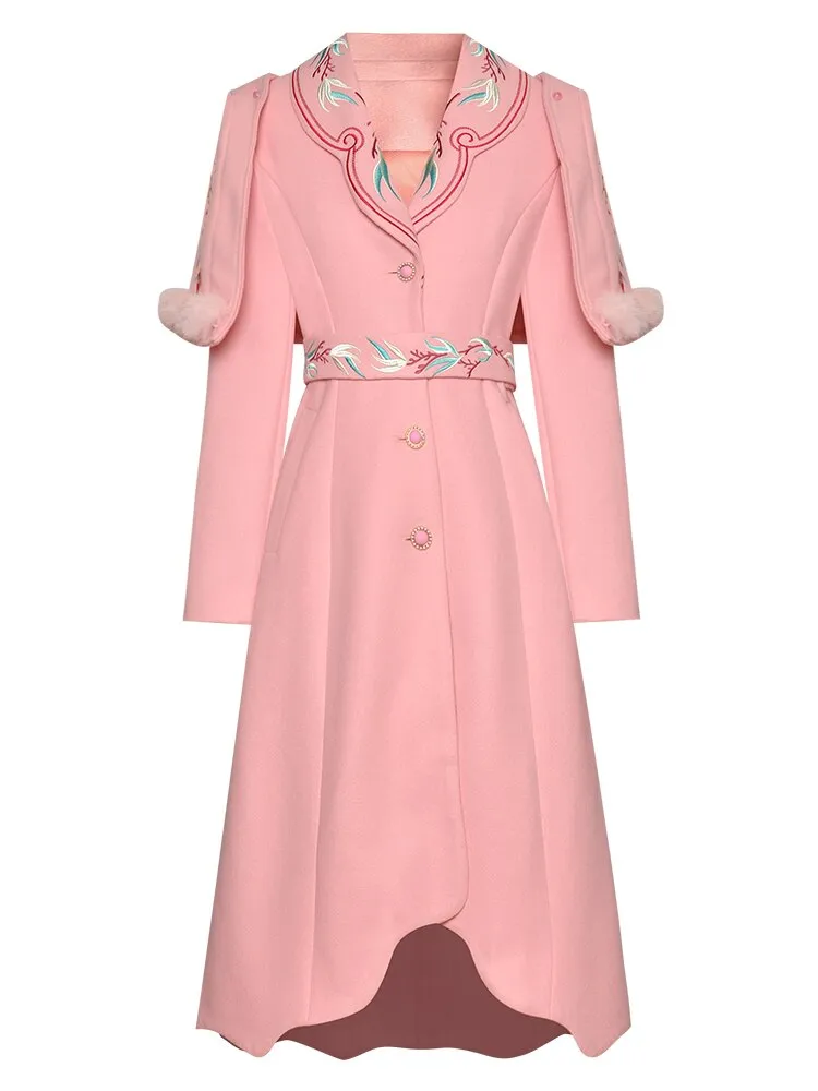 Embroidered belt Slim Elegant pink long coats Warm Overcoat