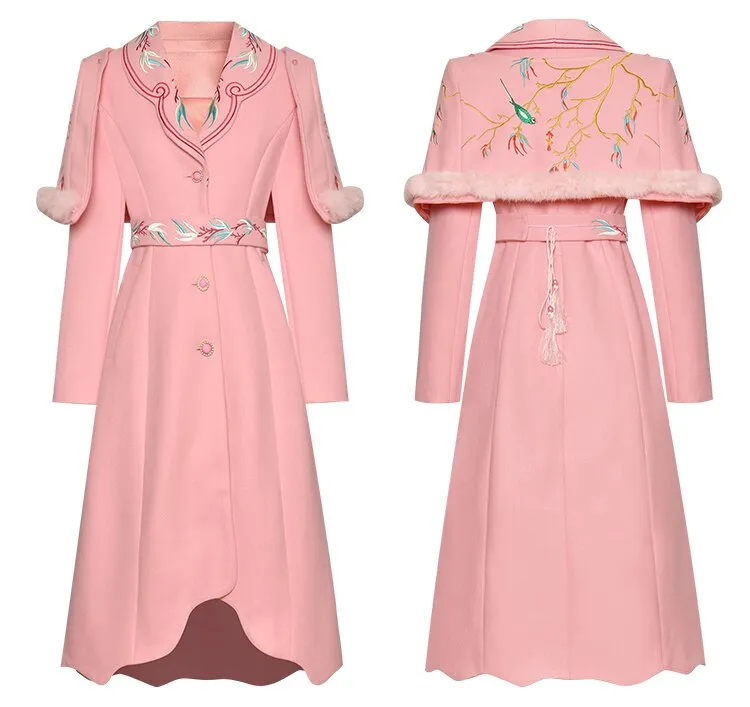 Embroidered belt Slim Elegant pink long coats Warm Overcoat