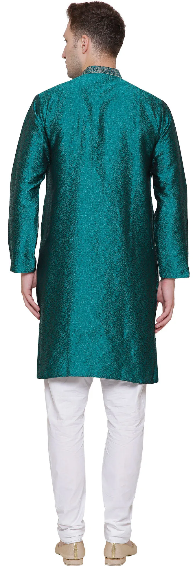 Embroidered Jacquard Silk Mens Kurta Pyjama Indian Clothes (Green)