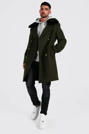 Faux Fur Collar Military Overcoat | boohooMAN UK