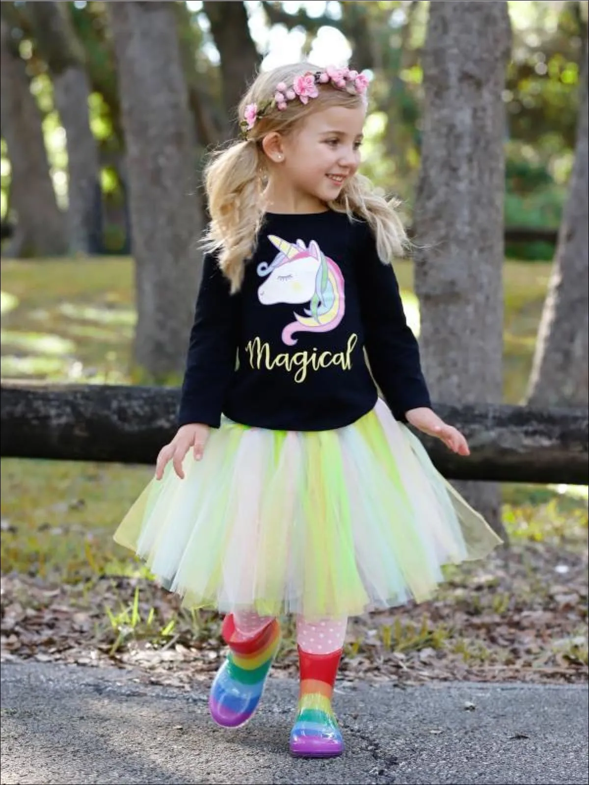 Girls Long Sleeve Magical Unicorn Rainbow Tutu Tunic And Polka Dot Legging Set