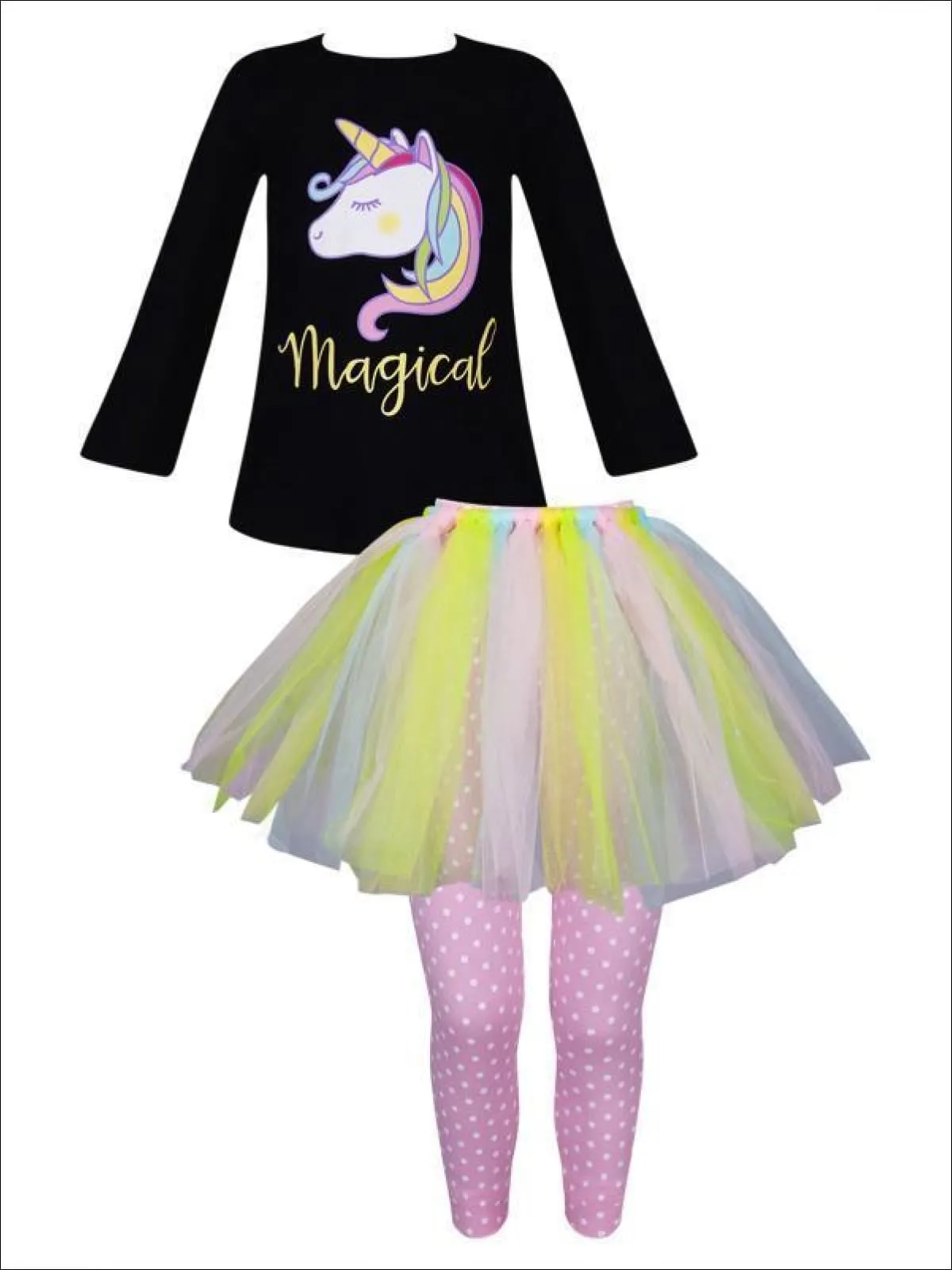 Girls Long Sleeve Magical Unicorn Rainbow Tutu Tunic And Polka Dot Legging Set