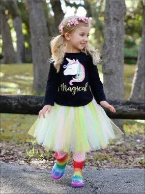 Girls Long Sleeve Magical Unicorn Rainbow Tutu Tunic And Polka Dot Legging Set