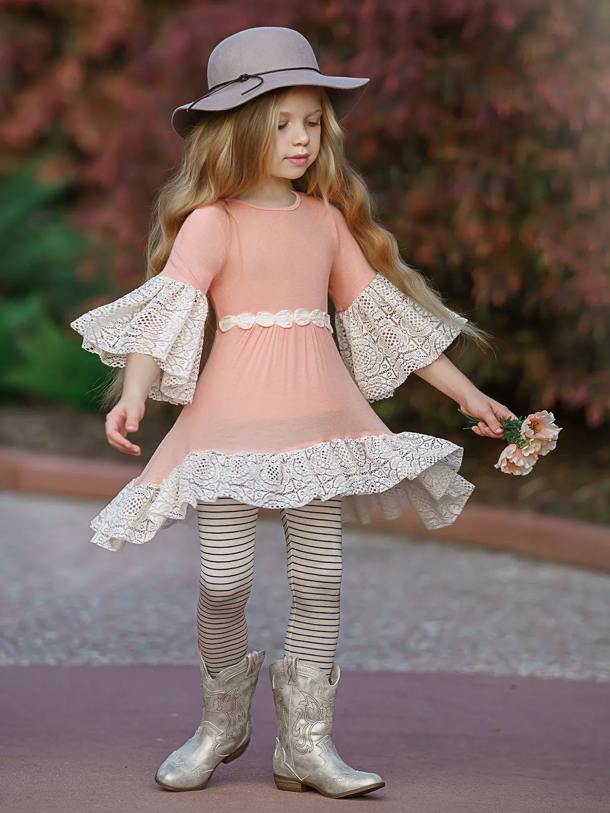 Girls Ruffled Boho Sleeve Hi-Lo Lace Tunic And Legging Set