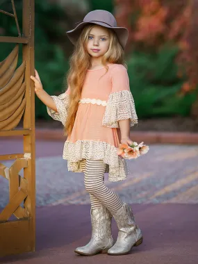 Girls Ruffled Boho Sleeve Hi-Lo Lace Tunic And Legging Set