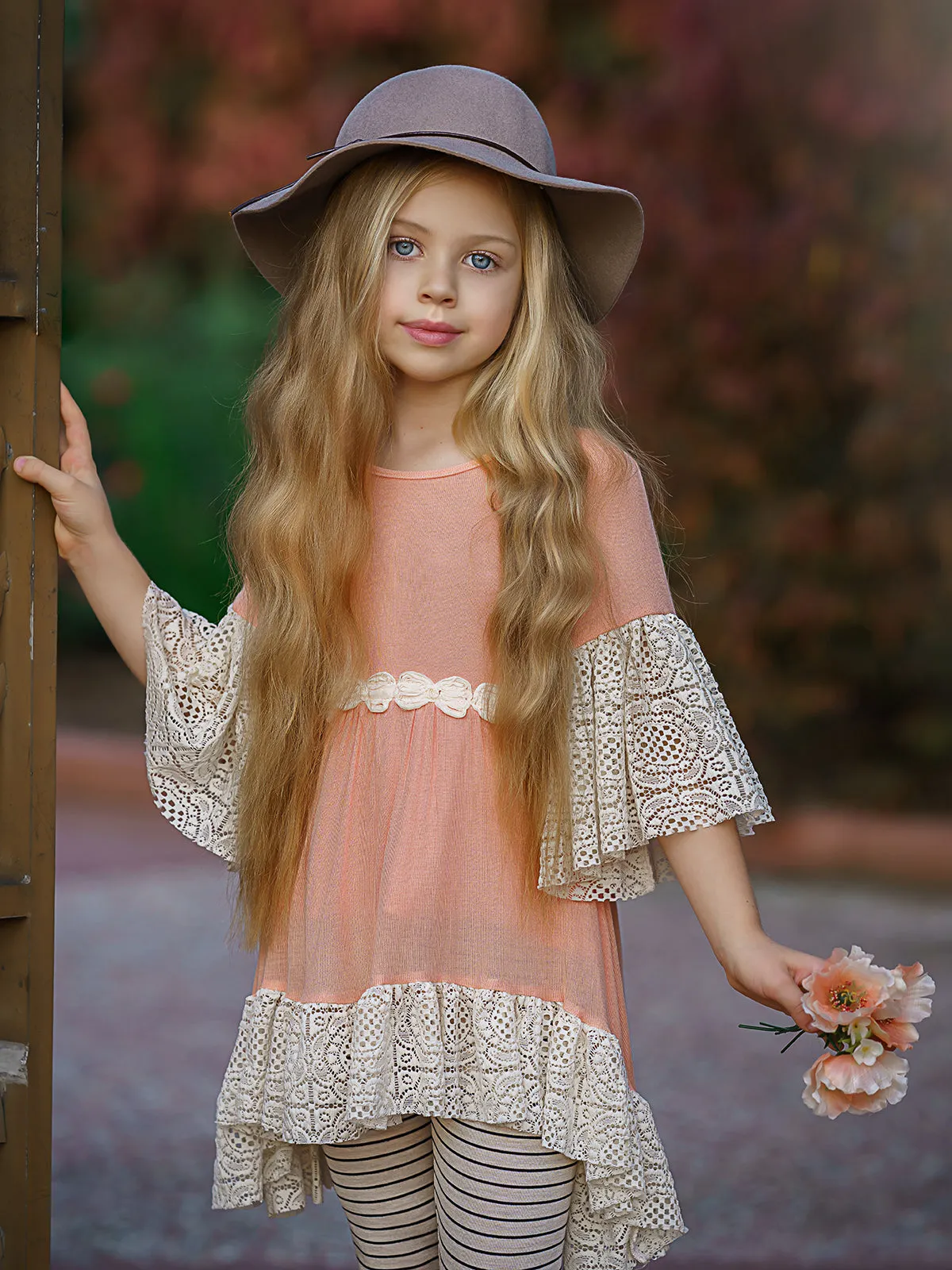 Girls Ruffled Boho Sleeve Hi-Lo Lace Tunic And Legging Set