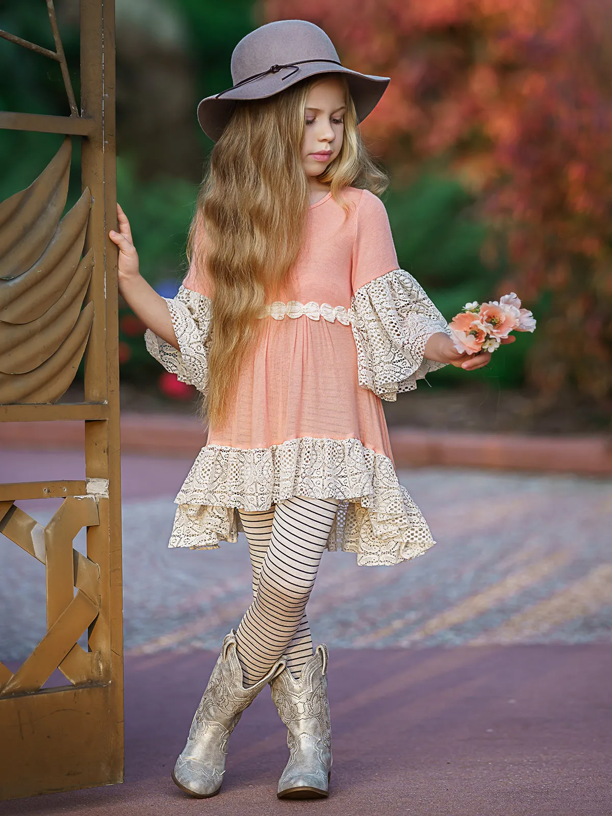 Girls Ruffled Boho Sleeve Hi-Lo Lace Tunic And Legging Set