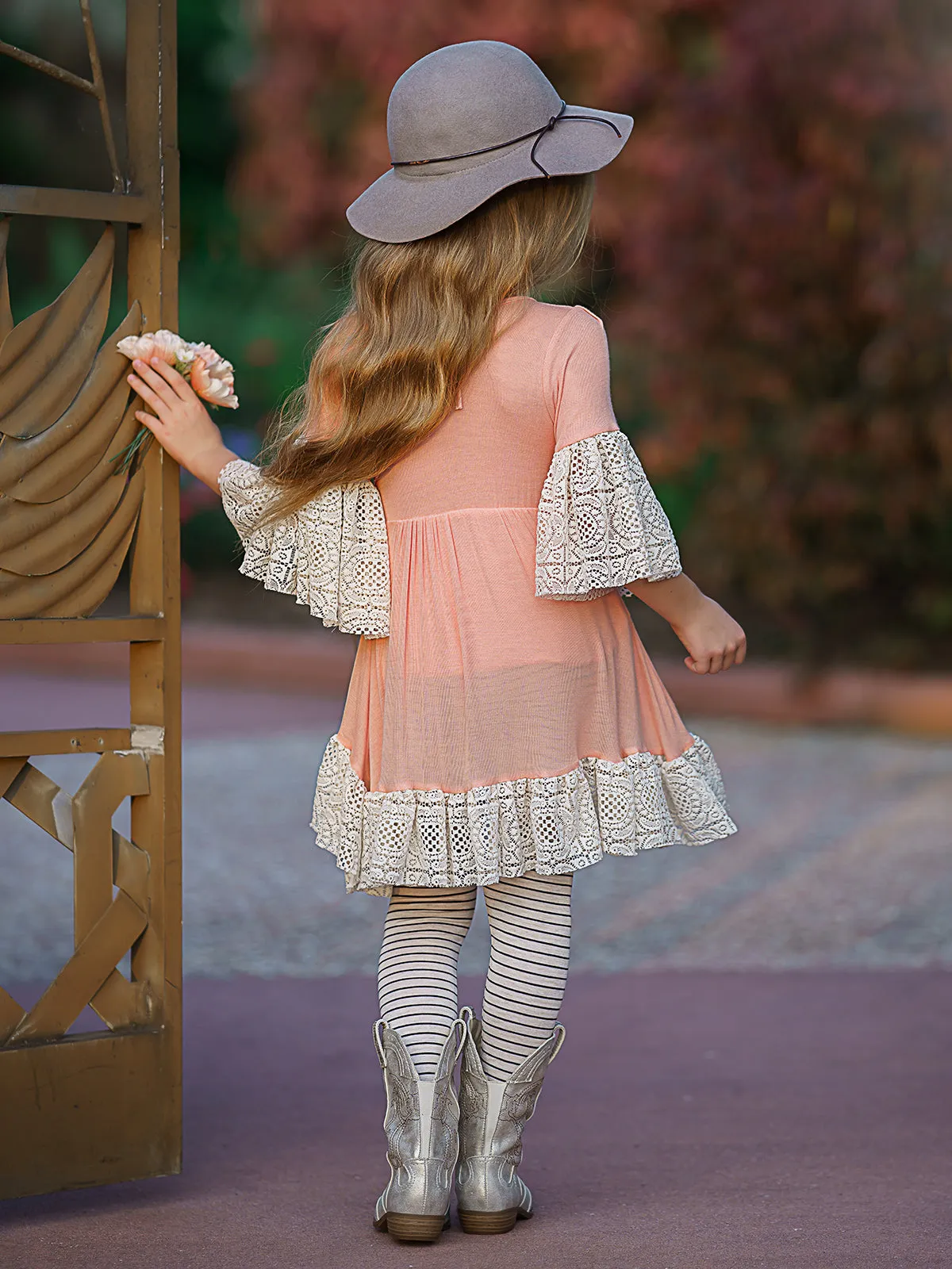 Girls Ruffled Boho Sleeve Hi-Lo Lace Tunic And Legging Set