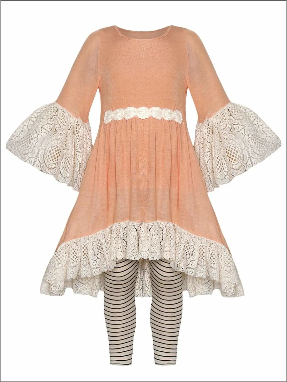 Girls Ruffled Boho Sleeve Hi-Lo Lace Tunic And Legging Set