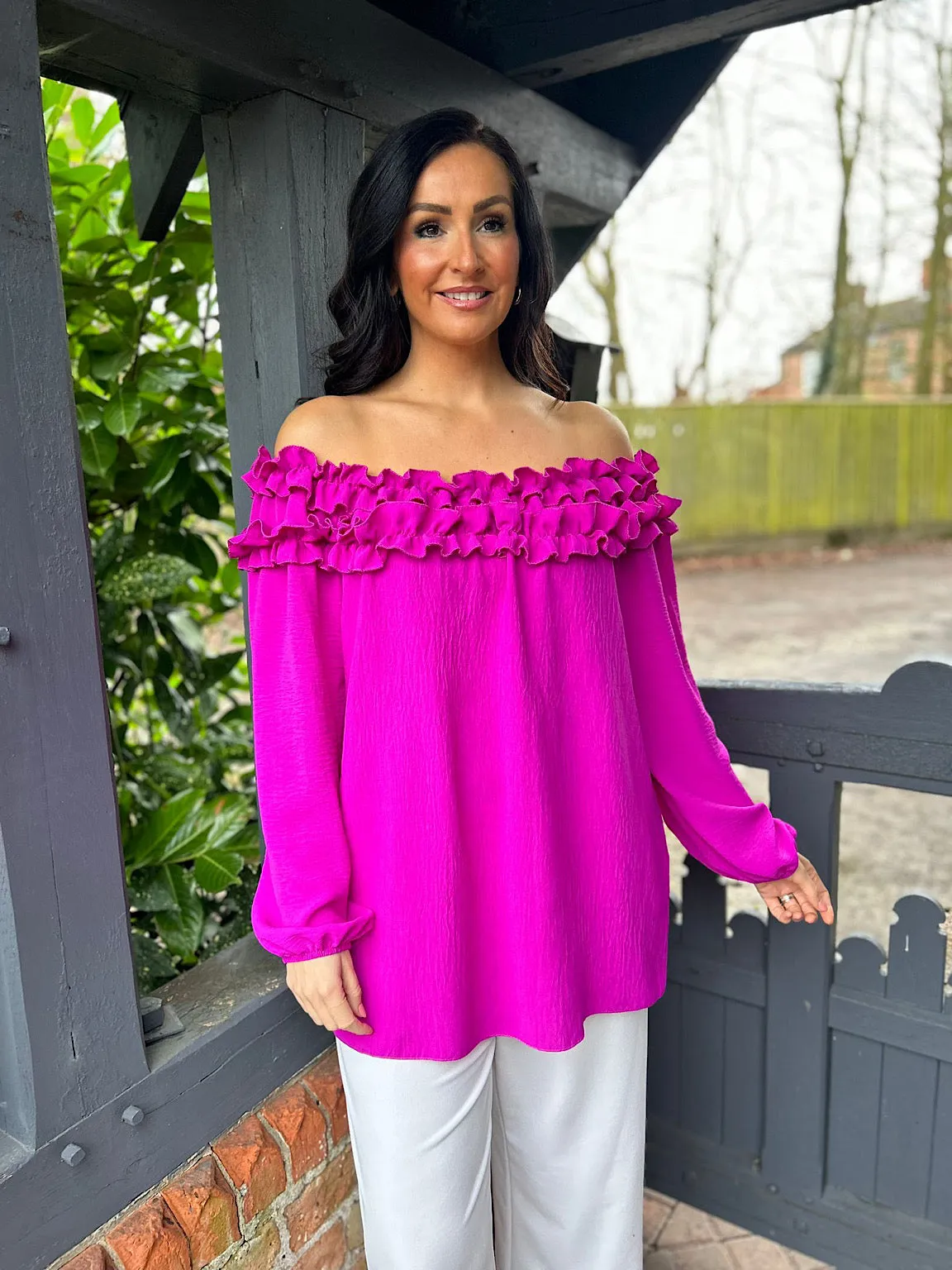 Grape Ruffle Bardot Top Heidi