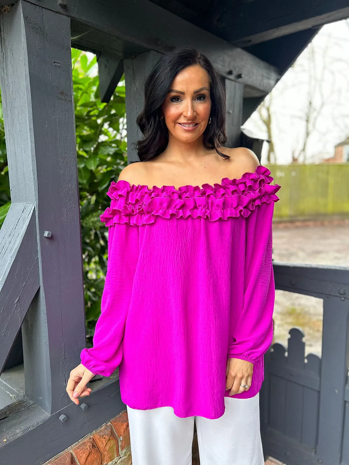 Grape Ruffle Bardot Top Heidi