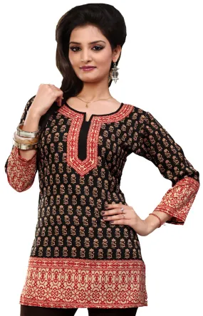 Indian Kurti Top Tunic Printed Womens Blouse India Clothes (Black)