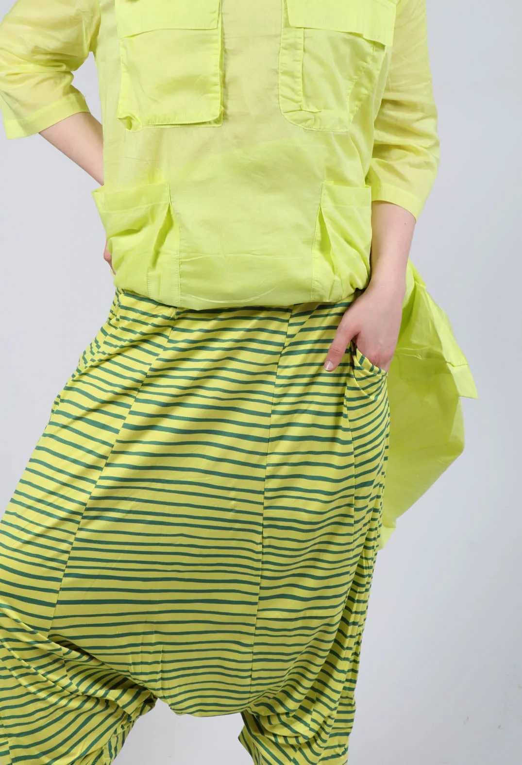 Jersey Drop-Crotch Trousers in Lime with Green Lines