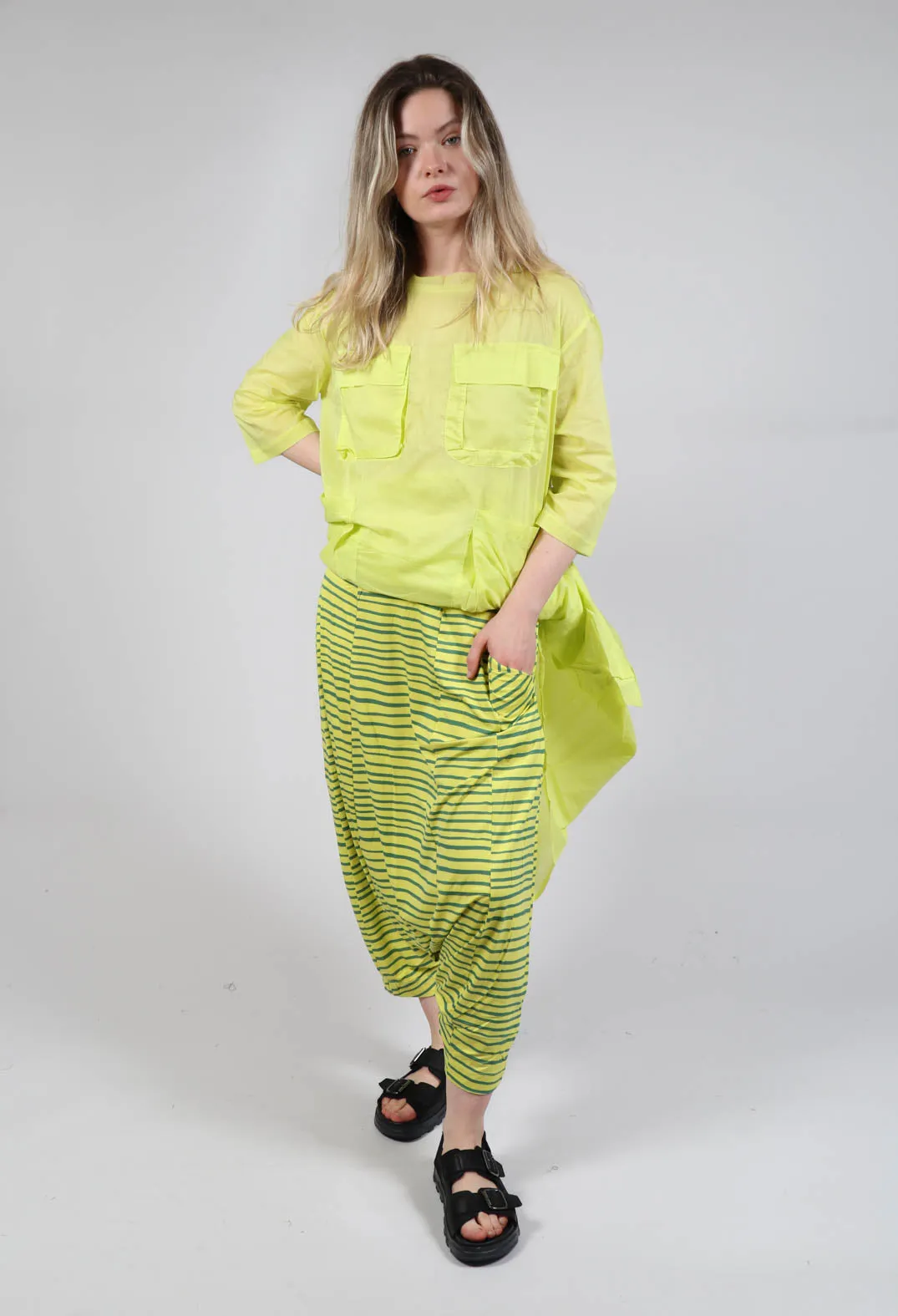 Jersey Drop-Crotch Trousers in Lime with Green Lines