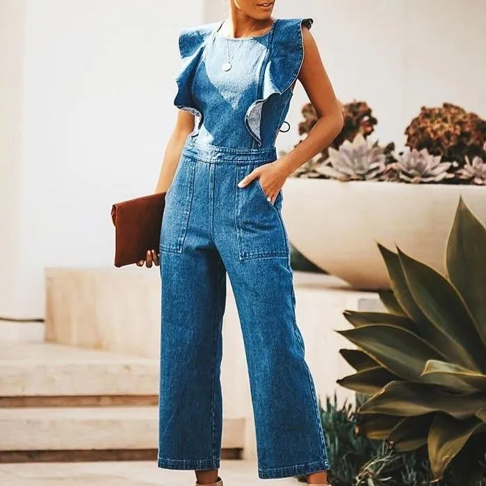 LEALA RUFFLE DENIM JUMPSUIT