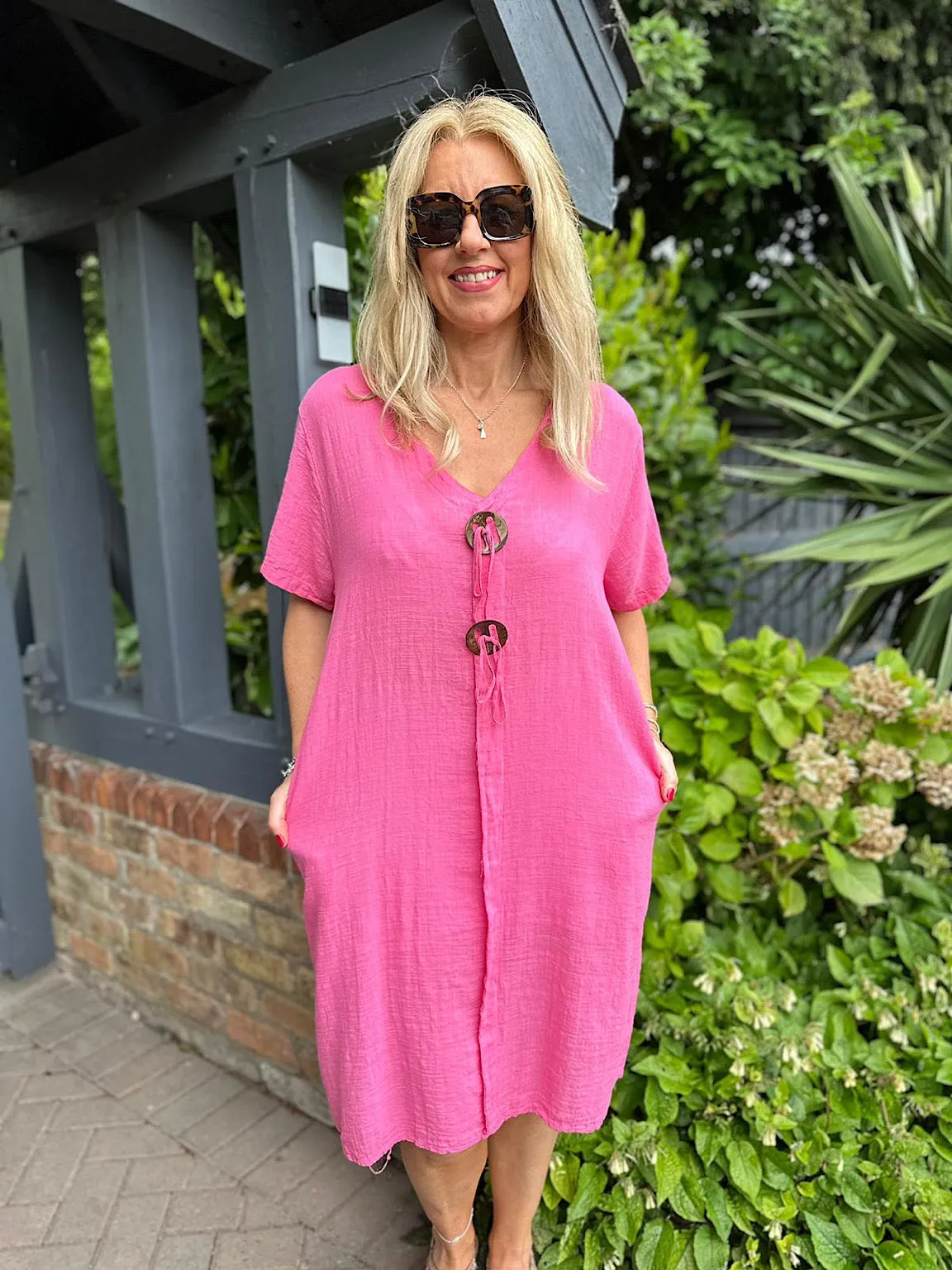 Lipstick Pink V Neck Button Tunic Dress Sandra