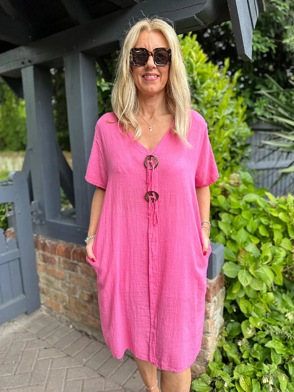 Lipstick Pink V Neck Button Tunic Dress Sandra