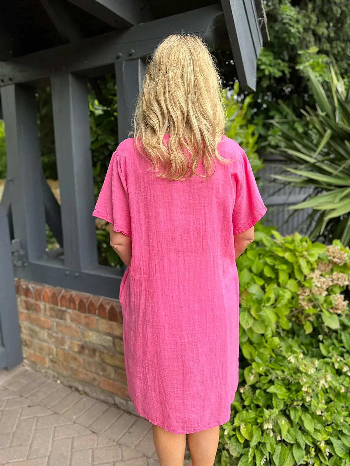 Lipstick Pink V Neck Button Tunic Dress Sandra