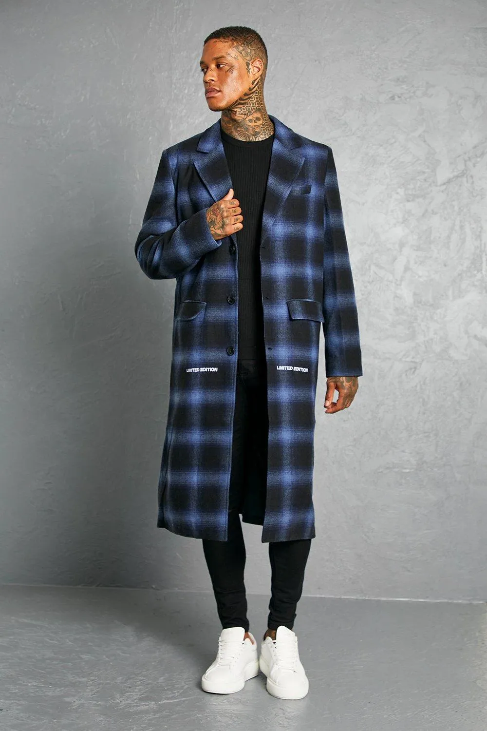 Man Check Single Breasted Longline Overcoat | boohooMAN UK