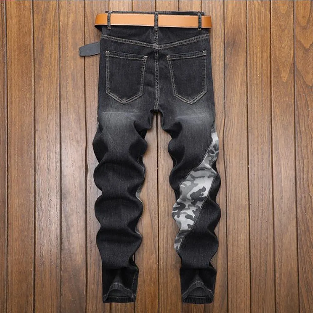 Men’s American Casual Spliced Patchwork Mid Waist Stretch Skinny Trousers