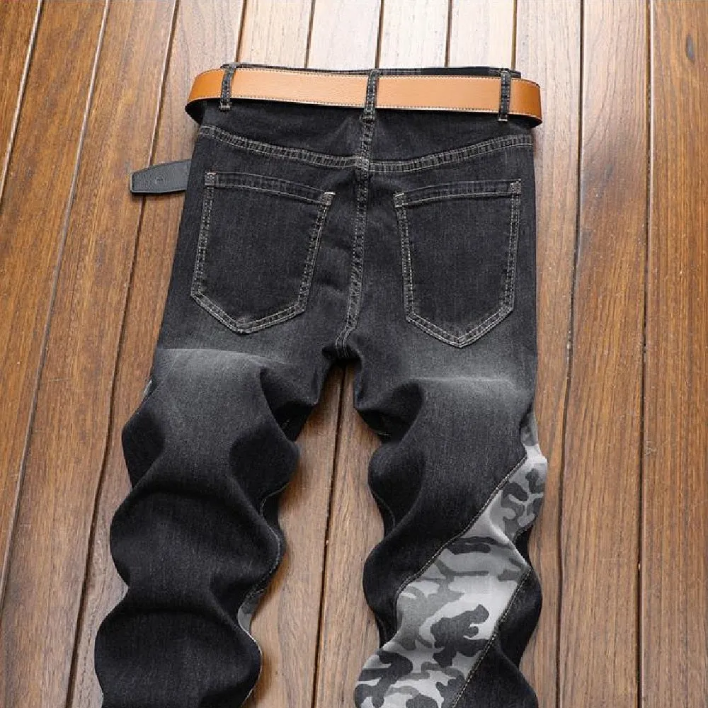 Men’s American Casual Spliced Patchwork Mid Waist Stretch Skinny Trousers